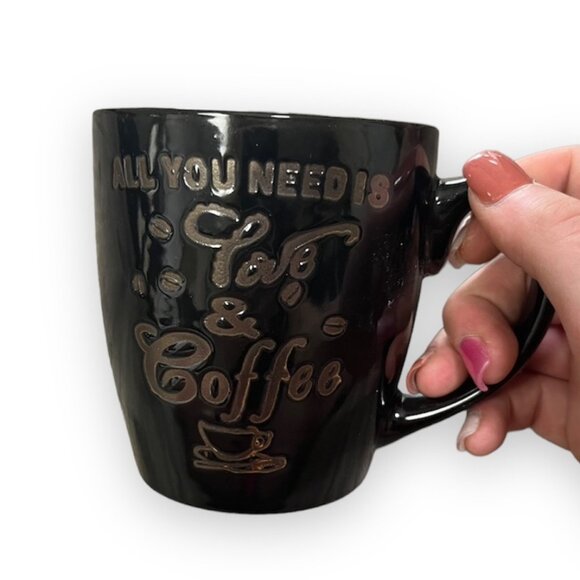 Royal Norfolk All You Need Is Love And Coffee Glossy Black Mug Glass - Picture 1 of 7